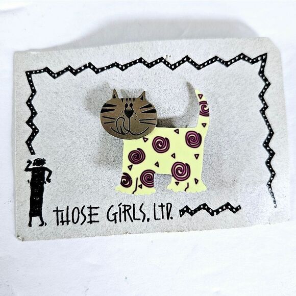 Vintage NWT Those Girls LTD Abstract Metal Hand Painted Swirly Cat Pin Brooch - Picture 1 of 6